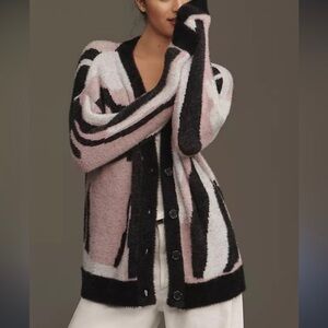 By Anthropologie Printed Eyelash Cardigan Sweater Abstract Bik/Pink/Wht